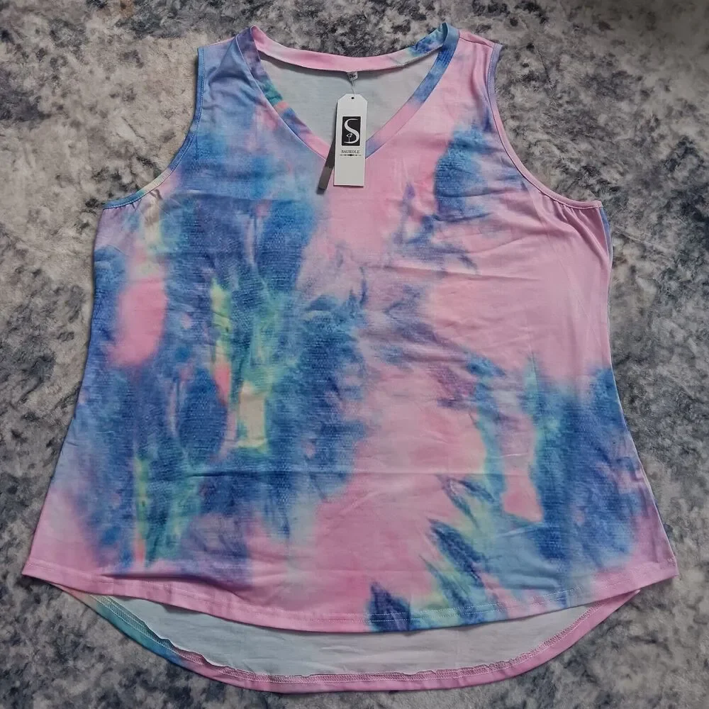 Saukole Women's Sleeveless Tank Top Yoga Workout Shirt Tie-dye Loose Fit 2XL - Picture 2 of 6